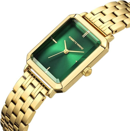 Roberto Marino RM1982 Women’s Luxury Watch Rectangular Gold – Japanese Quartz Movement, Vintage Stainless Steel Design, Silver Dial, Elegant Dress Timepiece, 3ATM Water Resistant – Reloj para Mujer