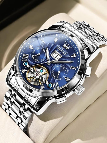OLEVS Mens Automatic Watches Gold Luxury Diamond Dress Self Winding Mechanical Skeleton Tourbillon Stainless Steel Wrist Watch