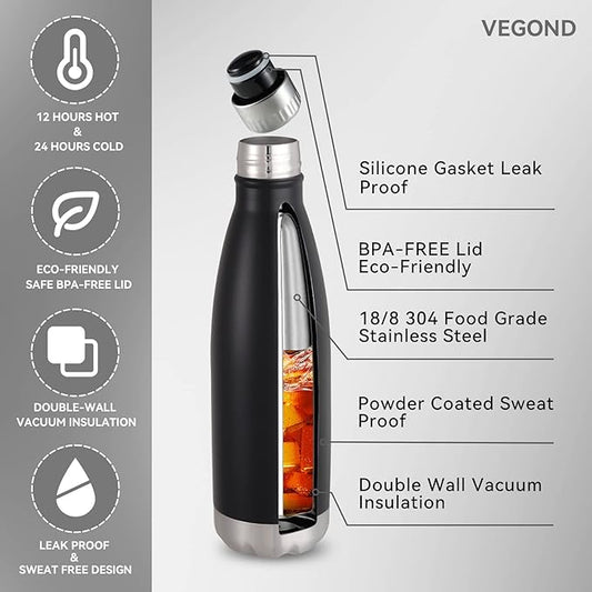 VEGOND 17oz Stainless Steel Water Bottles, Reusable Metal Sports Water Bottle Keeps Drink Hot and Cold, BPA Free Double Wall Vacuum Cola Shape Insulated Water Bottle for Camping Gym, 1 Pack