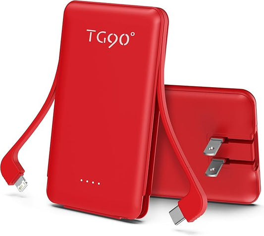 TG90° 5000mAh Ultra Slim Power Bank Built in AC Plug and Cables, Card Size Battery Pack Portable Phone Charger, 4 in 1 Pocket Size Travel Charger Compatible with iPhone, Samsung, Google