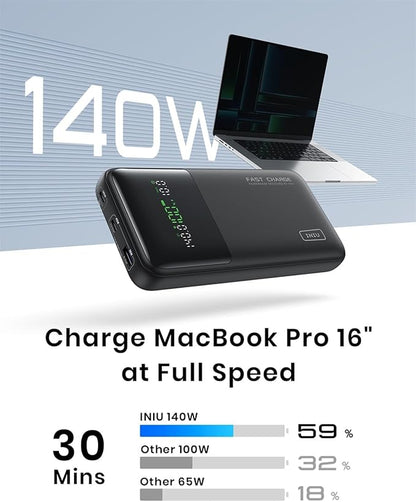 INIU 140W Power Bank, 27000mAh High Capacity Laptop Portable Charger, USB C in&Out Tablet Powerbank, Digital Display Phone Charger, Travel Charger Compatible with iPhone 17 16, iPad, MacBook, Laptop