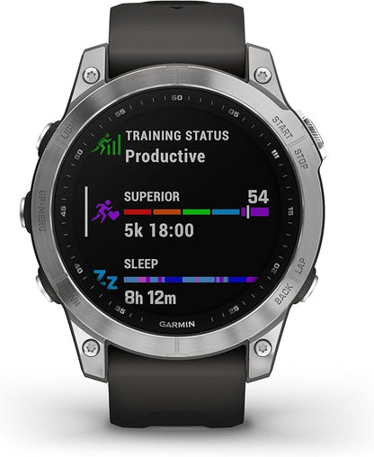 Garmin Fenix 7, Adventure smartwatch, Rugged Outdoor Watch with GPS, Touchscreen, Health and Wellness Features, Silver with Graphite Band - 010-02540-00