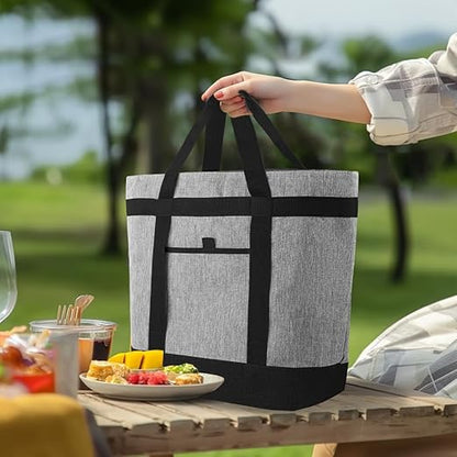 Soft Insulated Cooler Bag for Beach, Travel, Waterproof Large Reusable Insulated Cooler Tote Bag, Thermal Bag to Keep Foods Frozen, Cold and Hot, Groceries Shopping Bags with Zippered, Grey