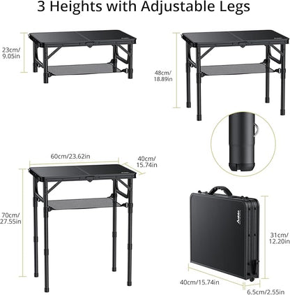Folding Camping Table with Storage Net, Pure Black Aluminum 2ft Picnic Table 23.2" x 16" Outdoor Table Adjustable Height Max 27.5", Lightweight, Waterproof, Portable Handle for Travel Cooking