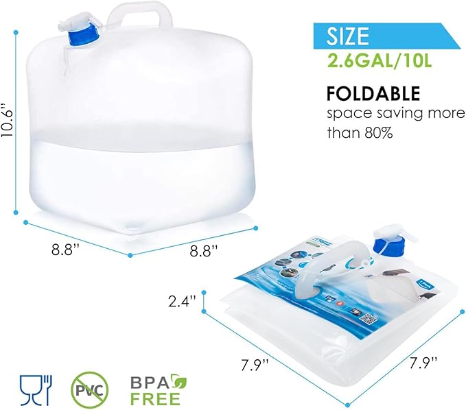 Collapsible Water Container with Spigot, 2×2.6 Gallon BPA Free Camping Water Storage Jug Carrier for Outdoors Hiking Backpack RV&Emergency, Survival Water Canteen-Portable Foldable Transparent