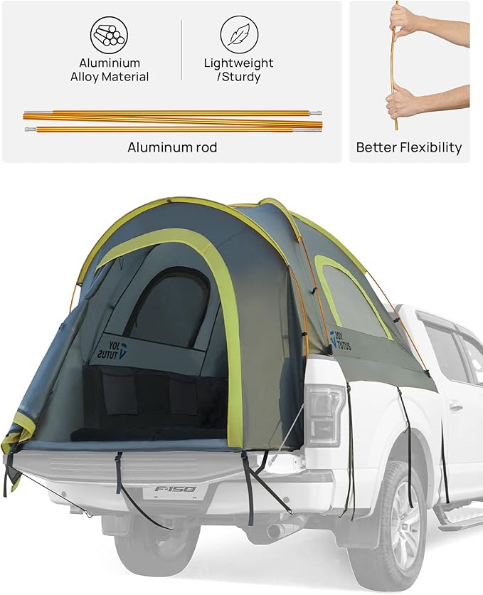 JOYTUTUS Pickup Truck Tent 2.0, Waterproof PU2000mm Double Layer for 2 Person, Portable Truck Bed Tent with Rainfly, 5.5'-6' Camping Preferred - Green, Aluminum Poles