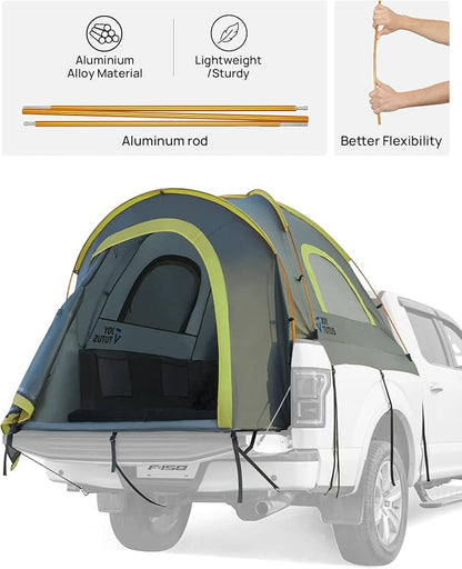 JOYTUTUS Pickup Truck Tent 2.0, Waterproof PU2000mm Double Layer for 2 Person, Portable Truck Bed Tent with Rainfly, 5.5'-6' Camping Preferred - Green, Aluminum Poles