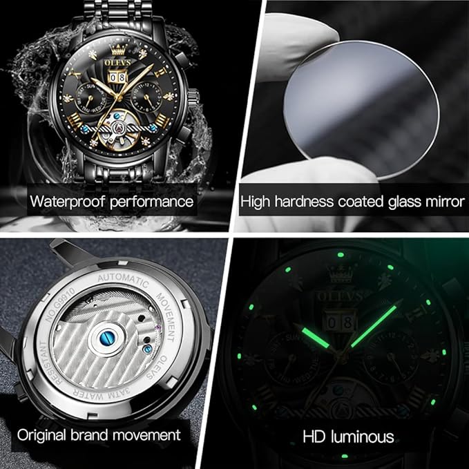 OLEVS Mens Automatic Watches Gold Luxury Diamond Dress Self Winding Mechanical Skeleton Tourbillon Stainless Steel Wrist Watch