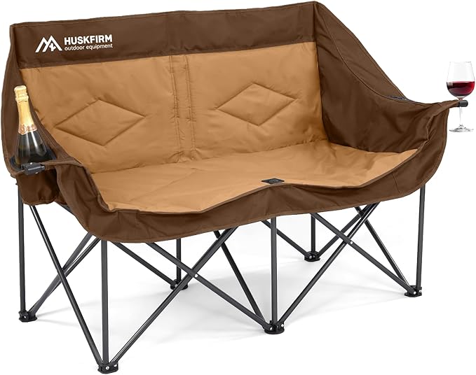 Double Camping Chairs for Adults Oversized Loveseat - 2 Person Camping Chair Heavy Duty Outdoor Camping Couch with Cup Holders - Portable Folding Chair for Outside Lawn, Brown