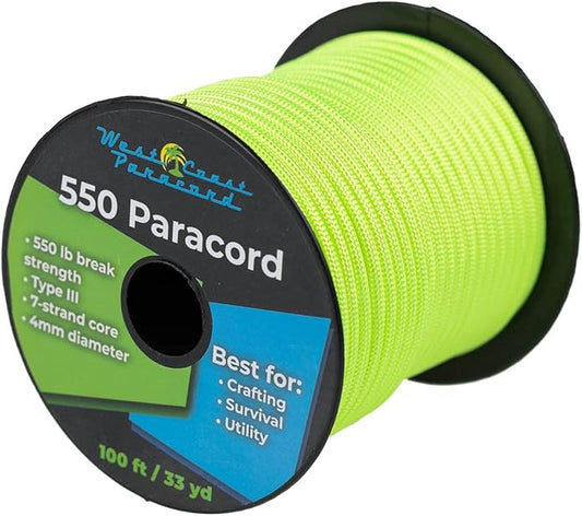 West Coast Paracord 100, 50 Feet 550 Lb. Paracord Parachute Rope Great for Outdoors Camping, Storage Kayak Utility Spool Many Colors