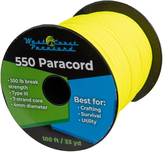 West Coast Paracord 100, 50 Feet 550 Lb. Paracord Parachute Rope Great for Outdoors Camping, Storage Kayak Utility Spool Many Colors