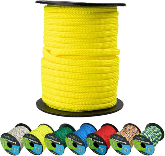 West Coast Paracord 550lb Paracord Spools – 7 Strand Type III Tactical Parachute Cord for Hiking, Camping, and Fishing – Neon Yellow (50 ft)