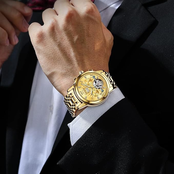 OLEVS Mens Automatic Watches Gold Luxury Diamond Dress Self Winding Mechanical Skeleton Tourbillon Stainless Steel Wrist Watch