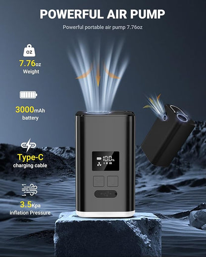 OMQ Portable Air Pump for Inflatables,Electric Air Mattress Pump with Camping Lantern & LED Display, Mini Air Pump 2X Quick Inflate Deflate for Pool Floats, Vacuum Storage Bags