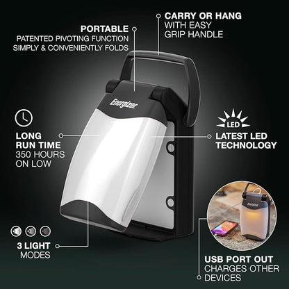 Energizer Weatheready Folding LED Portable Lantern, Battery Powered Lantern, Water Resistant Camping Lantern and Emergency Light, Pack of 1, Black