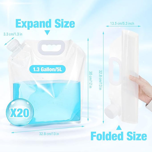 Zubebe 20 Pcs x 1.3 Gallon Collapsible Water Emergency Container Bag 26 Gallon Freezable BPA Free Food Grade Clear Plastic Storage Foldable Bottle for Camping Riding