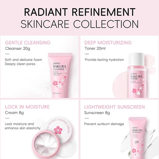 Skincare Kit Sakura Teen Girls Gifts - Skin Care Set Travel Size Toiletries - Sakura Skin Care for Teens 10-12 Hydrating - Teen Facial Kit Gift Set for Women with Bunny Headband（12PCS）