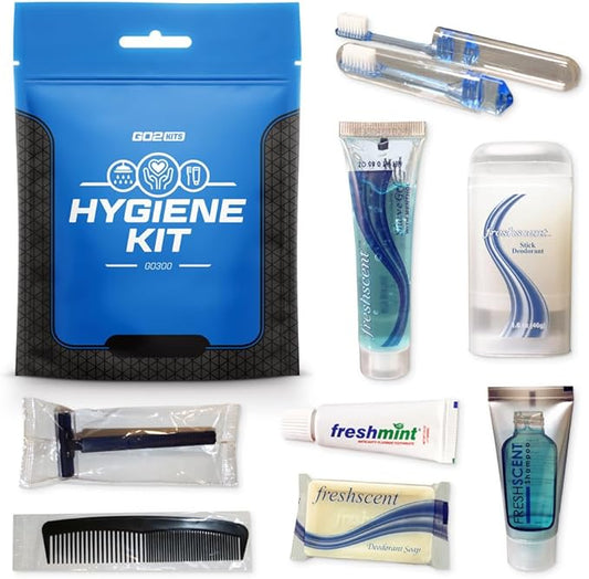 Travel Toiletry Kit, Hygiene Kit with Shaving Supplies for Travel, Business & Charity with Reusable Toothbrush, Bath Soap & Other Essential Toiletries, 3-Pack