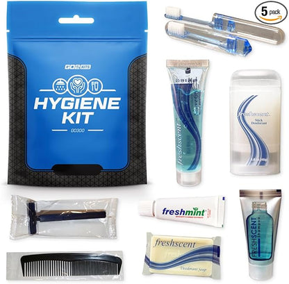 Travel Toiletry Kit, Hygiene Kit with Shaving Supplies for Travel, Business & Charity with Reusable Toothbrush, Bath Soap & Other Essential Toiletries, 5-Pack