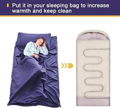 Sleeping Bag Liner, Ultralight Travel Sheet with Zipper and Compact Carry Bag, Portable Sleeping Camping Sheet, Soft Sleeping Bag Sack for Hotel, Hiking, Tenting, Camping