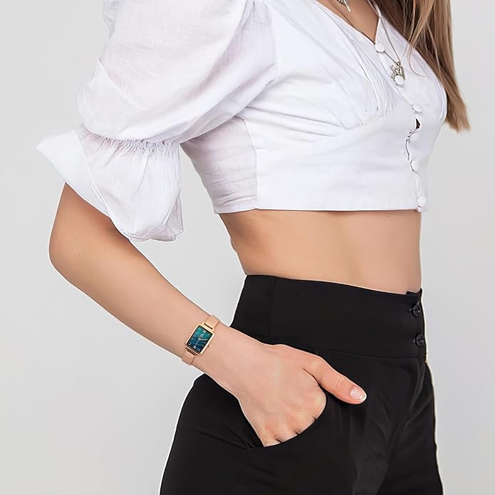 Dainty Women's Wrist Watch: Green Malachite Dial,Beautiful Bracelet, Wrapped by Stylish Gift Box, Elegant Present for Ladies and Loved Ones Anniversary, Birthday, or Holidays Like Christmas.