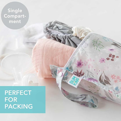 Bumkins Waterproof Wet Bag for Baby, Travel, Swim Suit, Cloth Diapers, Pump Parts, Pool, Beach, Gym Clothes, Toiletry, Hook to Stroller, Daycare, Zipper Reusable Wetdry Packing Pouch, Florals Gray