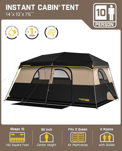 FanttikOutdoor Instant Cabin Tent 6/8/10/12 Person Camping Tent Setup in 60 Seconds with Rainfly & Windproof Portable with Carry Bag for Family Camping & Hiking, Upgraded Ventilation, Khaki