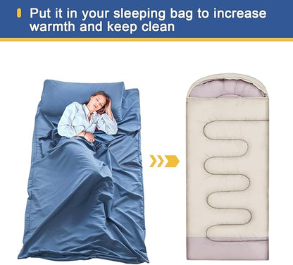 Sleeping Bag Liner, Ultralight Travel Sheet with Zipper and Compact Carry Bag, Portable Sleeping Camping Sheet, Soft Sleeping Bag Sack for Hotel, Hiking, Tenting, Camping
