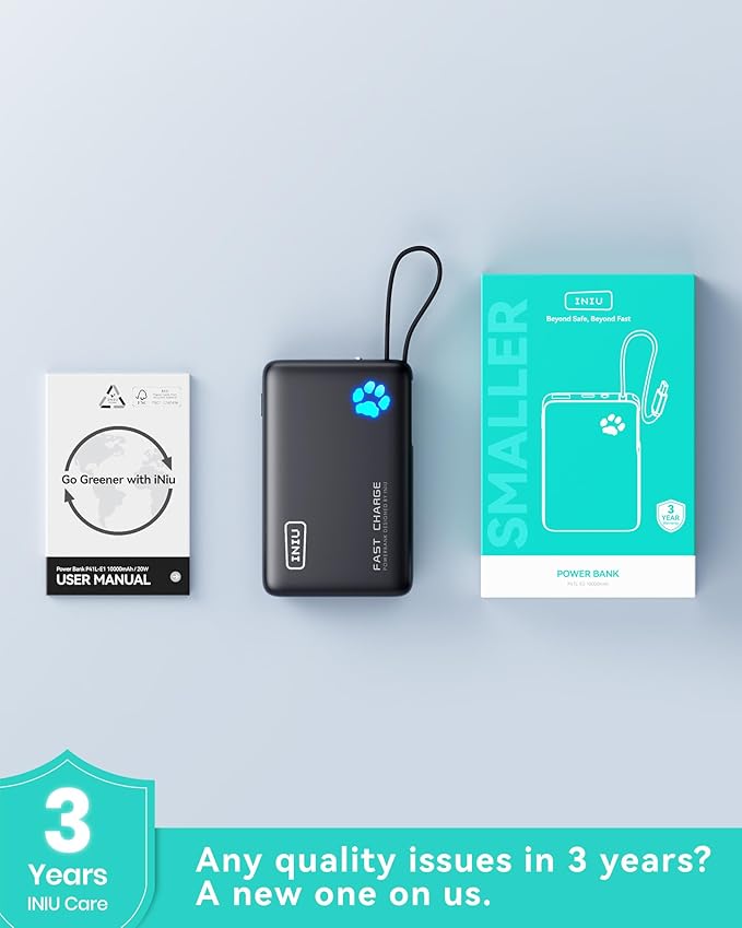 INIU 45W Portable Charger, 10000mAh Built-in USB C Cable Fast Charging Power Bank, Small Type C Battery Pack, Powerbank for iPhone 17 16 15 14, iPad, Samsung S25 S24 etc. Travel Camping Essentials