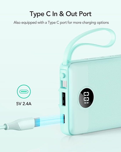 VRURC Portable Charger Power Bank, 10000mAh Travel Essentials Battery Pack, 5 Outputs 2 Inputs Slim Charging Bank Built-in Cables Cords Wires Compatible with iPhone,Samsung,Android-Green(1 Pack)