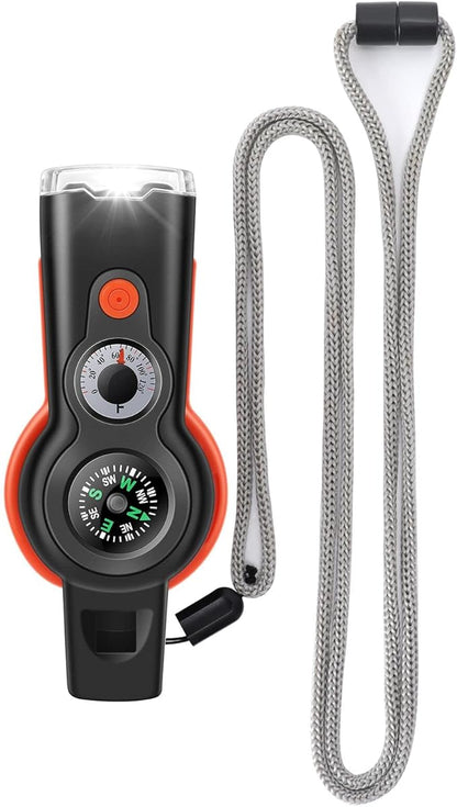 7-in-1 Emergency Survival Function Whistle, Outdoor Multifunctional Tool Safety Whistle with Lanyard, Ideal for Kayaking, Boating, Hiking, Camping, Climbing, Hunting, Fishing, Rescue Signaling