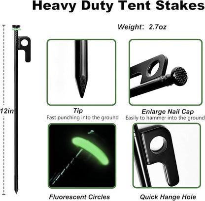 10Pcs Tent Stakes, 12in Heavy Duty Tent Stakes with Storage Pouch, Forged Steel Tent Sakes Metal, Metal Stakes for Tent Used (10Pcs, 12in, Diameter 1/4")