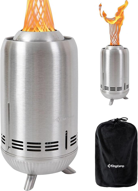 KingCamp Smokeless Fire Pit, Ultralight Stainless Steel Fire Pits Portable Camping Stove with Stand, Removable Ash Pan & Carry Bag for Camping Outdoor Bonfire Patio Backyard Chisel Steel