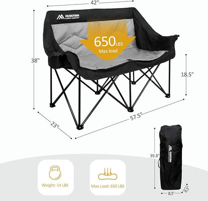 2 Person Camping Chair Oversized Loveseat Camping Chair Double Camping Chairs for Adults Heavy Duty Camping Couch Black Outdoor Folding Chair Portable Patio Lawn Chair