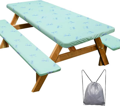 Picnic Table Cover with Bench Covers Camping Essentials Waterproof Windproof Camping Tablecloth with Drawstring Bag, Fitted Rectangle Tables and Seats, 72in, Blue Bow