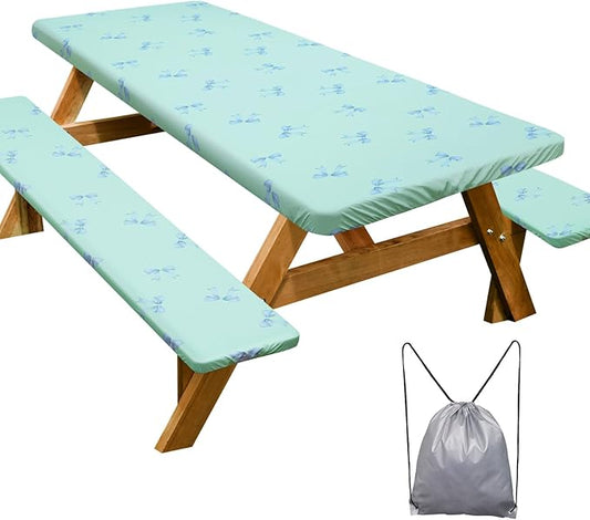 Picnic Table Cover with Bench Covers Camping Essentials Waterproof Windproof Camping Tablecloth with Drawstring Bag, Fitted Rectangle Tables and Seats, 72in, Blue Bow
