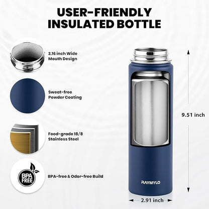 Insulated Water Bottle 20 oz, Triple Wall Vacuum Stainless Steel (Cold for 48 Hrs), Leak Proof & Non-BPA, Kids Water Bottle Jug for School with Straw Spout Lids, Navy Blue