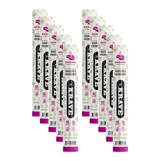 Krave, Beef Sticks (1 Ounce Sticks, Pack of 10) - 100% Grass Fed Beef, 100 Calories Per Stick, Good Source of Protein (10 Pack, Original)