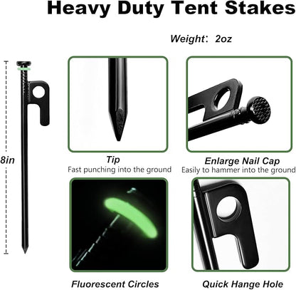 16Pcs Tent Stakes, 8in Heavy Duty Tent Stakes with Storage Pouch, Forged Steel Tent Sakes Metal, Metal Stakes for Tent Used on Grassland, Snowfield, Dessert(16Pcs, 8in, Diameter 1/4")