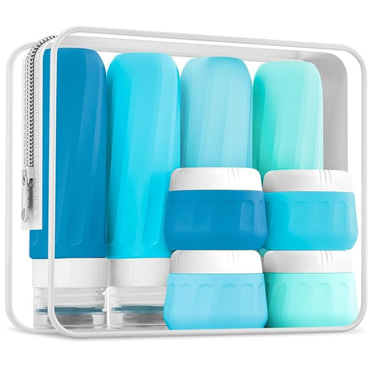Travel Bottles for Toiletries, Travel Size Toiletries 10 Pack, Tsa Approved Travel Size Containers 3oz, with Travel Essentials Clear Bag, Leak Proof Silicone Squeezable Creams Jars