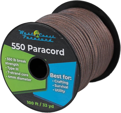 West Coast Paracord 100, 50 Feet 550 Lb. Paracord Parachute Rope Great for Outdoors Camping, Storage Kayak Utility Spool Many Colors