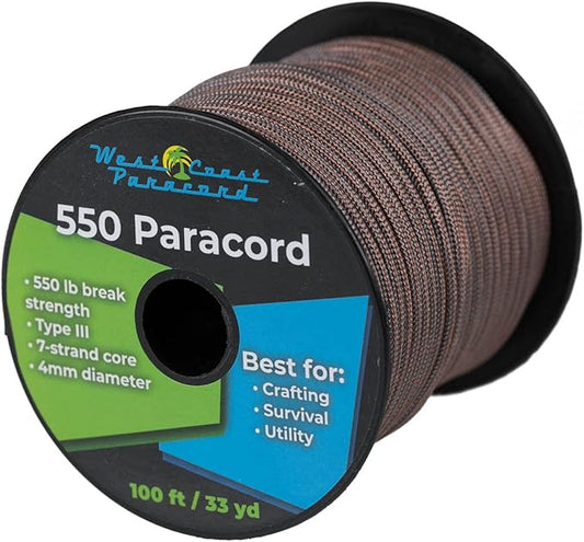 West Coast Paracord 100, 50 Feet 550 Lb. Paracord Parachute Rope Great for Outdoors Camping, Storage Kayak Utility Spool Many Colors