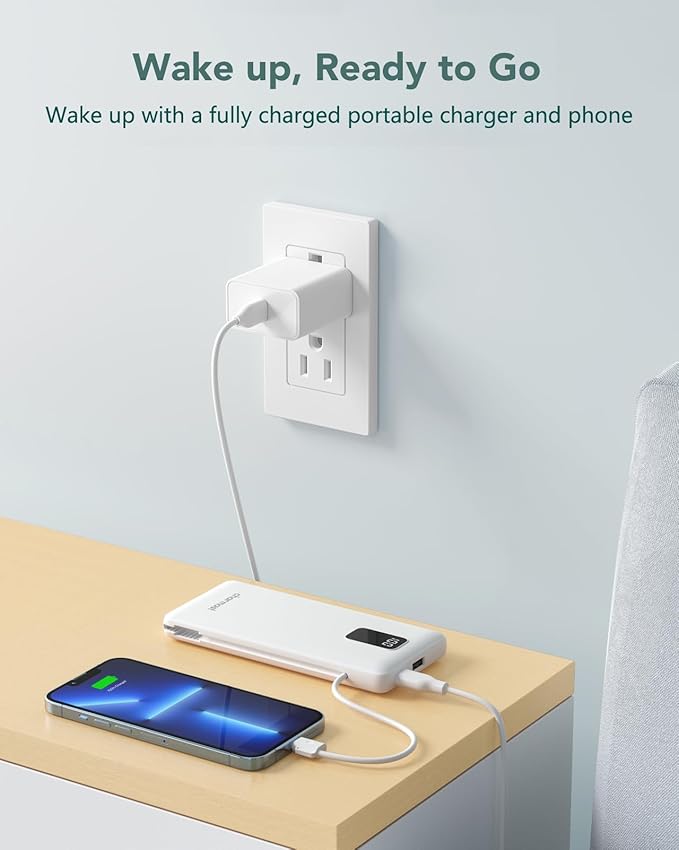 Charmast Portable Charger with Built-in Cables & Wall Plug, 10000mAh Portable Power Bank, External Battery Pack Travel Essentials Compatible with iPhone 16/15/14/13, Samsung, iPad etc