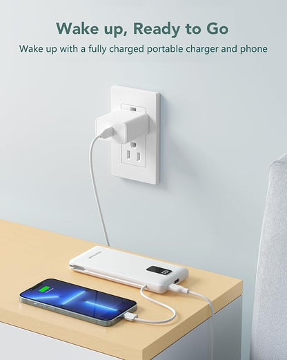 Charmast Portable Charger with Built-in Cables & Wall Plug, 10000mAh Portable Power Bank, External Battery Pack Travel Essentials Compatible with iPhone 16/15/14/13, Samsung, iPad etc