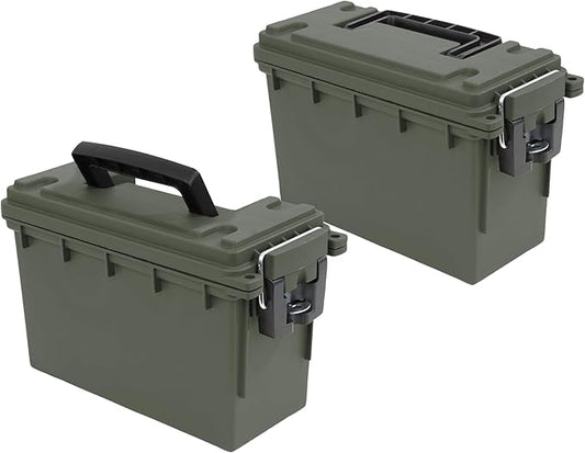 Sheffield 12791 2-Pack Ammo Storage Box, Stackable .30 Cal Field Boxes, Water and Dust Resistant, Lockable Storage Box with Handle, Secures Hunting Gear, Supplies, and Bullets, Made in the USA, Green