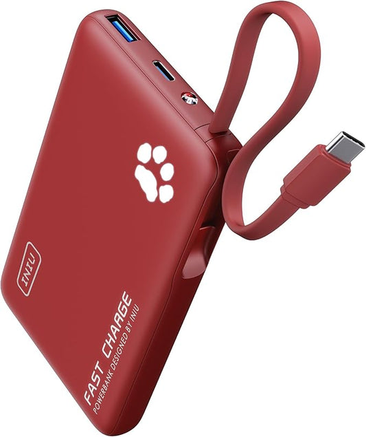 INIU Portable Charger, Slim 10000mAh Power Bank with Build in USB-C Cable, 20W Fast Charging Mini Battery Pack, Travel Trip Flight Cruise Ship Essentials for College Students Travelers Boys Girls, Red