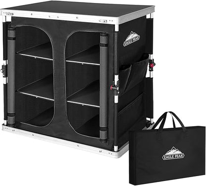 EAGLE PEAK Double Outdoor Folding Camping Table with Large 3-Tier Storage Organizer and Side Pockets, Easy Set Up Portable Aluminum Camping Kitchen, Black