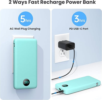 Portable Charger 13800mAh Slim USB C Power Bank with Built in Cables and Wall Plug,LCD Display Lightweight Travel Battery Pack,PD Fast Charging Compatible with iPhone 15,14,Samsung Android-Green