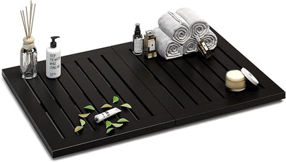 Waterproof Bamboo Bath Mat for Shower, Foldable | Non-Slip | Heavy Duty, Wooden Bath Mat, Floor Mat and Doormat for Indoor Outdoor (Black, 23.4 x 15.6IN)