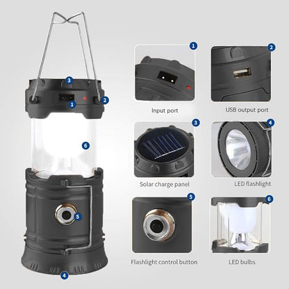 LED Camping Lantern, Solar and Rechargeable Lantern Flashlight Collapsible and Portable Light for Daily/Camp/Hiking/Night Fishing/Emergency/Hurricanes/Storm(Black, 1 Pack)